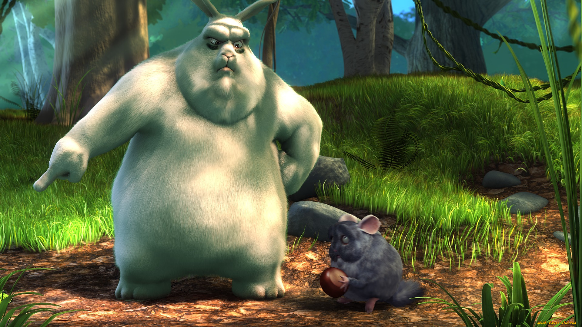 Обои Big Buck Bunny Мультфильмы Big Buck Bunny, обои для рабочего стола,  фотографии big buck bunny, мультфильмы, - big buck bunny, трава, лес,  мышка, кролик Обои для рабочего стола, скачать обои картинки